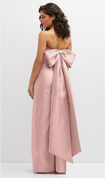 Strapless Draped Bodice Column Bridesmaid Dress With Oversized Bow In Rose - Pantone Rose Quartz | The Dessy Group Pink Dress With Bow On Back, Conceptual Style, Pantone Rose, Pantone Rose Quartz, Elegant Wedding Party, Pink Bow Dress, Twill Dress, Prom Inspo, Bridesmaid Dresses Strapless