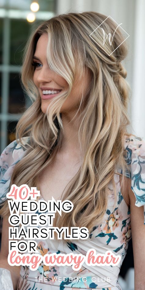 Have long, wavy hair? Discover 40+ stunning wedding guest hairstyles that showcase your natural waves! From effortless boho braids to voluminous waves and half-up styles, this guide offers a wide range of ideas that suit any wedding theme. Perfect for casual beach weddings, outdoor ceremonies, or formal events. Click to explore all the best wavy hairstyles and tutorials! #wavyweddinghair #longhairstyles #weddingguesthairstyles Long Beach Curls Hairstyles, Half Up Wavy Hairstyles Wedding, Boho Wedding Guest Hairstyles, Down Hairstyles Wedding Guest, Wavy Hairstyles Wedding Guest, Long Hair Styles Wedding Guest, Spring Wedding Guest Hairstyles, Beach Wave Hairstyles Half Up, Long Wavy Hairstyles For Wedding