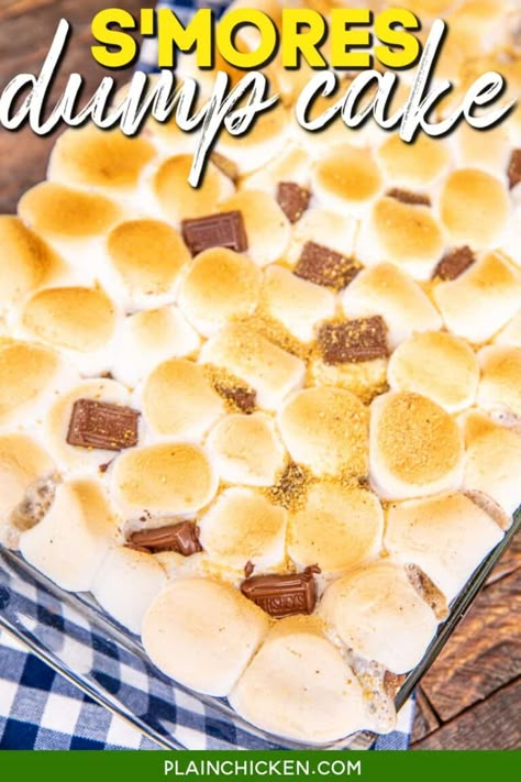 Recipes With Big Marshmallows, Smores Dump Cake Recipes, Smores Dump Cake, S'mores In The Oven Graham Crackers, Jumbo Marshmallow Recipes, Smores Sheet Cake, S’mores Dump Cake, S’mores Casserole, S’mores Casserole Recipe