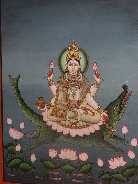 All sizes | The Goddess Ganga Riding her Crocodile | Flickr - Photo Sharing! Hindi Gods, Goddess Ganga, Hindu Goddesses, Pagan Gods, Vedic Art, Hindu Mythology, Lord Hanuman, Ancient India, Indian Paintings