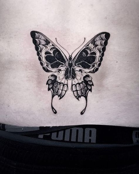 Edgy Moth Tattoo, Butterfly With Skull Tattoo, Butterfly Skeleton Tattoo, Masculine Butterfly Tattoo, Skull Butterfly Tattoo Design, Skull Moth Tattoo, Gothic Butterfly Tattoo, Dark Butterfly Tattoo, Butterfly Skull Tattoo