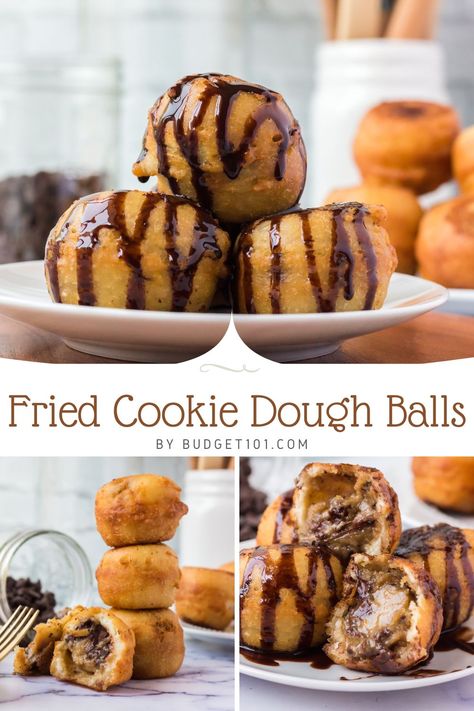 Cookie Dough Donut, Frying Pan Cookies, Fried Dough Balls, Fried Dough Recipe, Fried Desserts, Fried Dough Balls Recipe, Fried Cookie Dough Balls, Fried Cookie Dough Bites, Deep Fry Oreos Recipe