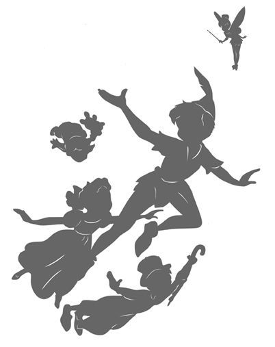 Peter Pan, Tinker Bell and Wendy, John, and Michael Darling and  flying. black and white silhouette. by Megan Wright Design Co Peter Pan Tattoos, Peter Pan Flying, Peter Pan Silhouette, Peter Pan Tattoo, Silhouette Disney, Peter Pan Nursery, Peter Pan Party, Petit Tattoo, Disney Silhouette