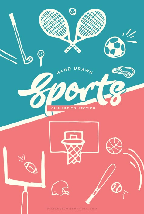 FREE Sports Clip Art Collection - Designs By Miss Mandee. Use these hand drawn elements to spruce up your next design. Great for scrapbook design, photo overlays, chalkboard art, and more! Sports Cover Design, Tennis Advertising, Sport Design Poster, Sports Magazine Design, Sports Art Design, Sports Advertisement, Sports Poster Design, Sports Day Poster, Olympics Graphics