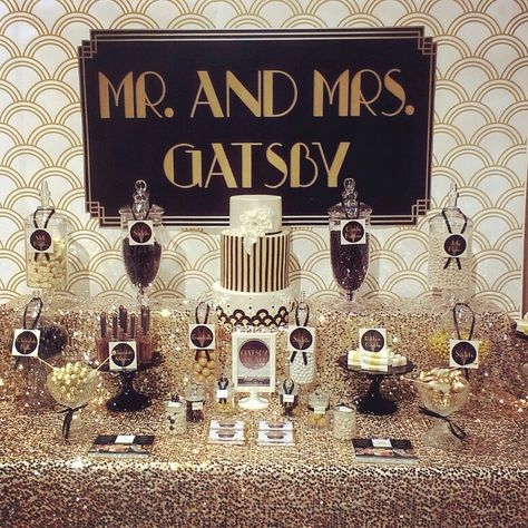 gatsby candy buffet | Gatsby Dessert Table x | Candy Buffets Harlem 1920s, Gatsby Decorations, Table Fabric, Gatsby Wedding Theme, Great Gatsby Theme, Roaring 20s Party, 1920s Party, Gatsby Themed Party, Gatsby Theme