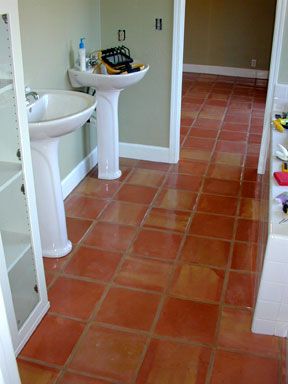 Rookie doing a Saltillo Tile Install needs help! :-) - Page 6 - Ceramic Tile Advice Forums - John Bridge Ceramic Tile Saltillo Tile Bathroom Color Schemes, Saltillo Tile Bathroom, Orange Tile Floor, Mexican Tile Floor, Saltillo Tile Floor, Orange Tile, Terracotta Flooring, Top Bathroom Design, Saltillo Tile