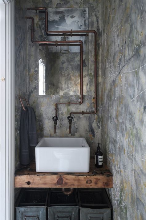 Modern Gothic Interior, Industrial Bathroom Design, Gothic Interior, Industrial Style Bathroom, Modern Gothic, Powder Room Decor, Industrial Bathroom, Industrial Interior Design, Industrial Interiors