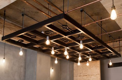 Industrial Interior Design Ceiling, Industrial False Ceiling Design, Industrial Design Ceiling, Industrial Ceiling Ideas, Custom Steel Furniture, Metal Interior Design, Accent Ceiling, Door Handle Design, Steel Ceiling