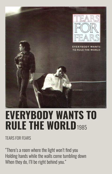 Tears Of Fears Poster, Song Posters Design, Tears For Fears Posters, Song Posters, Minimalist Music, Music Poster Ideas, Vintage Music Posters, World Movies, Rule The World