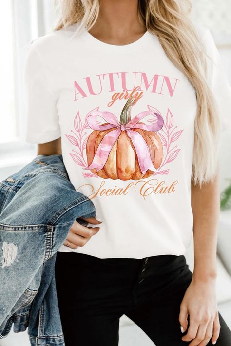 $5.7 White Autumn Girly Thanksgiving Bowknot Pumpkin Graphic T Shirt Wholesale Girly Thanksgiving, Girly Lettering, White Autumn, Pumpkin Graphic, Halloween Event, Black Halloween, Pumpkin Print, Short Sleeve Pattern, Pumpkin Faces