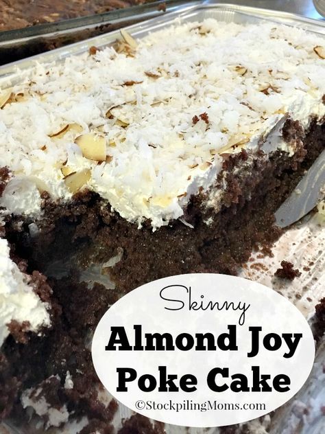 Almond Joy Poke Cake Recipe, Fudge Poke Cake, Beef Taco Bake, Almond Joy Cake, Coconut Fudge, Frugal Food, Peach Preserves, Beef Taco, Random Recipes