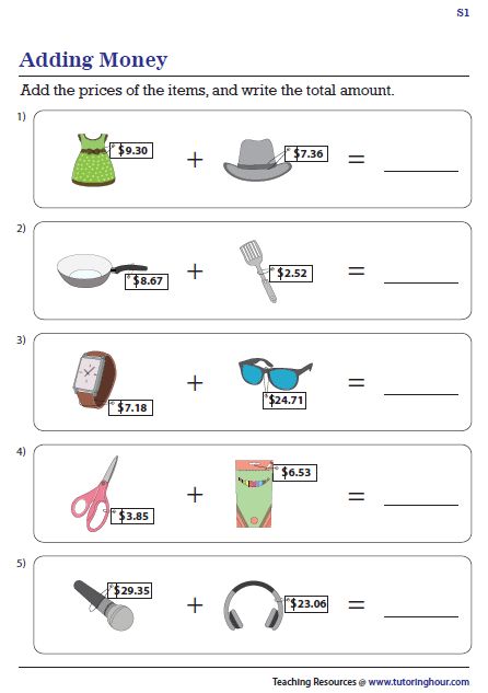 Money Skills Worksheets, Adding Money Worksheet, Money Math Worksheets, Money Word Problems, Adding Money, Homework Ideas, Find The Difference, Measurement Worksheets, Money Activities