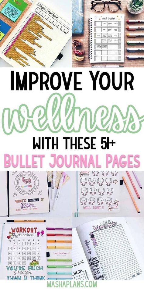 Bullet Journal pages to help you monitor your health and achieve your wellness goals. #mashaplans #bulletjournal #habittracker #freeprintables #health #wellness #pageideas Bujo Health And Fitness, Health Diary Journals, Health And Fitness Tracker, Health Journal Ideas Fitness Planner, Journal Tracking Ideas, Exercise Bullet Journal, Wellness Bullet Journal, Health Journal Ideas, Health Bullet Journal Ideas