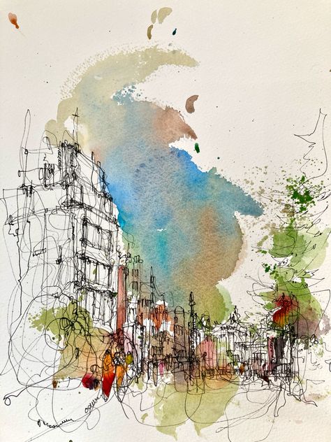 City Sketch Watercolor, Loose Watercolor Cityscapes, City Landscape Watercolor, Urban City Sketch, Watercolor Urban Sketching, Art Of Buildings, Neil Whitehead, City Watercolor, Plein Air Watercolor