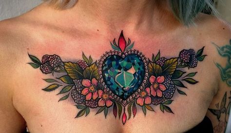 Jewel flower tattoo Jewel Chest Tattoo, Tatuaje Cover Up, Jewel Tattoo, Single Line Tattoo, Chest Tattoos For Women, Chest Piece Tattoos, Geniale Tattoos, Make Tattoo, E Tattoo