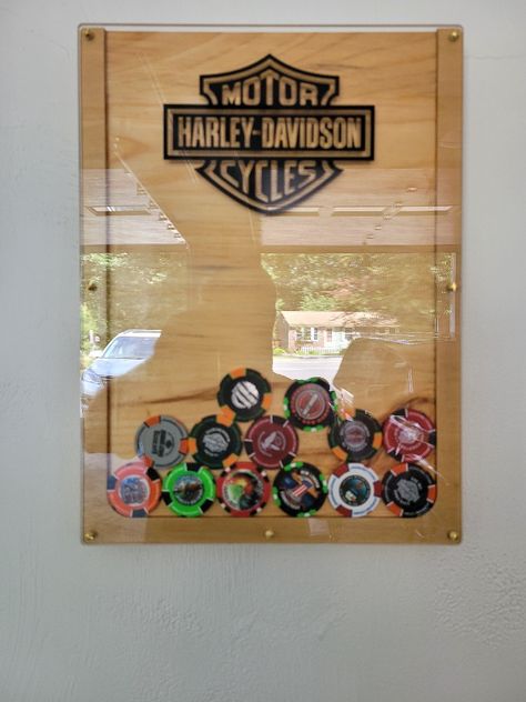 Harley Poker Chip Display Case Poker Chip Crafts, Poker Chip Display Diy, Diy Poker Chips, Poker Chips Crafts, Harley Davidson Poker Chip Display Diy, Poker Chip Display, Harley Davidson Chip Display, Challenge Coin And Patch Display, Harley Davidson Images