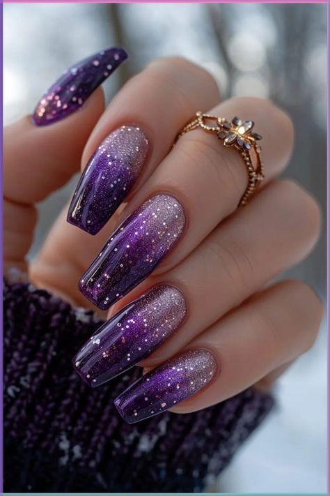 Sparkly Formal Nails, Glitter Gradient Nails, Birthday Nail Designs, Purple Glitter Nails, Glitter Gradient, Purple Nail Art, Velvet Nails, Chrome Nails Designs, Squoval Nails