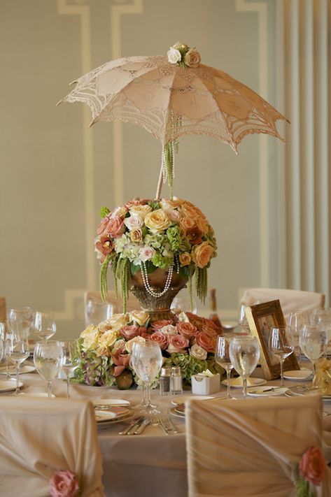 vintage engagement party at Casa Del Mar, styled by Linda Pittelli of Eventful Designing, photos by Mike Colon Photography Umbrella Centerpiece, Vintage Centerpieces, Vintage Bridal Shower, Beautiful Table Settings, Shower Centerpieces, Center Pieces, Vintage Bridal, Junebug Weddings, Beautiful Table