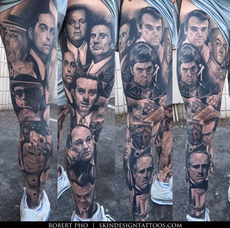 Gangster leg sleeve Mob Boss Tattoo, Portrait Sleeve Tattoo Men, Gangsta Leg Sleeve, Portrait Tattoo On Leg, Portrait Tattoo Leg, Leg Tattoo Portrait, Leg Portrait Tattoo, Scarface Leg Tattoo, Portrait Leg Sleeve Tattoo