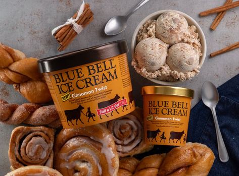 Blue Bell’s Newest Ice Cream Flavor Is A Pastry Lover’s Dream Come True Cinnamon Bun Dough, Tin Roof Ice Cream, Twist Ice Cream, Fall Ice Cream, Cinnamon Twist, Blue Bell Ice Cream, Ice Cream Factory, Chocolate Sundae, Cinnamon Icing