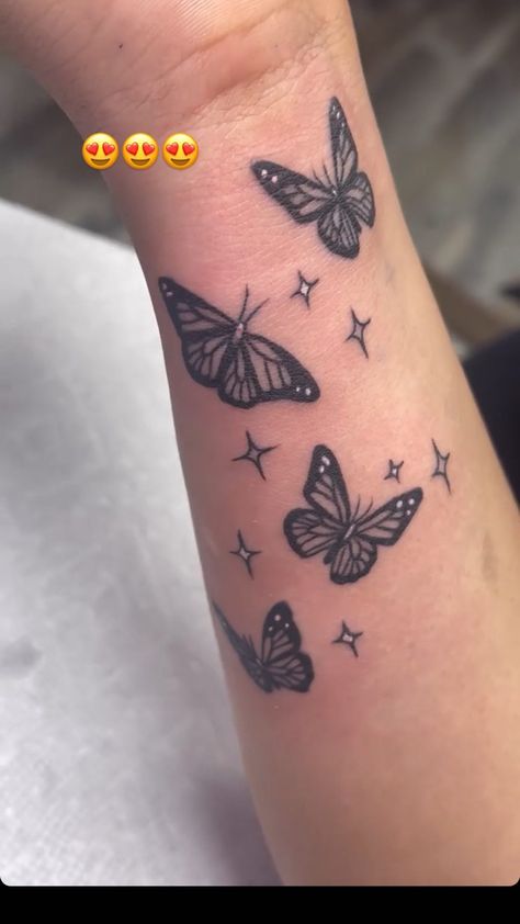 Bunch Of Butterflies Tattoo, Butterfly In Clouds Tattoo, Butterfly Shaded Tattoo, Butterflies With Sparkles Tattoo, Alternative Butterfly Tattoo, Nice Tattoos For Women, Inner Wrist Tattoos For Women Cover Up, Angles Tattoos, Unique Name Tattoos