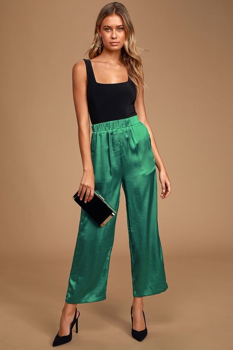 Wide Leg Satin Pants Outfit, Green Flowy Pants, Green Silk Pants, Pattern Clothes, Velvet Flare Pants, Olive Green Pants, Tie Waist Pants, Velvet Flares, Palazzo Trousers