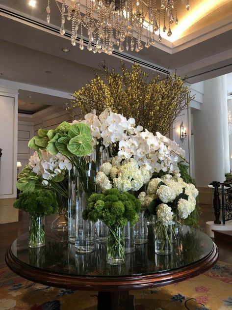 Large Arrangements Wedding, Foyer Table Flower Arrangements, Foyer Flower Arrangements, Hotel Floral Arrangements, Large Centrepieces, Entrance Table Decor, Hotel Flower Arrangements, Luxury Flower Arrangement, Orchid Flower Arrangements