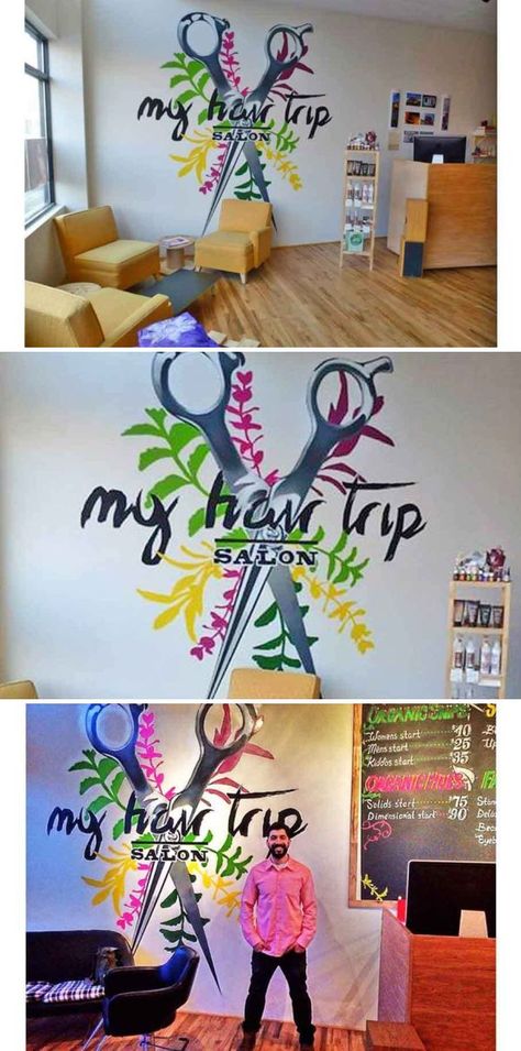 My Hair Trip Salon Mural by Bimmer T at My Hair Trip Salon Denver - The #1 organic salon in Denver Hair Salon Wall Art Murals, Saloon Wallpaper Hair Salons, Event Planning Flyer, Hair Salon Wall Art, Salon Wallpaper, Indoor Mural, Salon Wall Art, Hair Salon Design, Colorful Murals