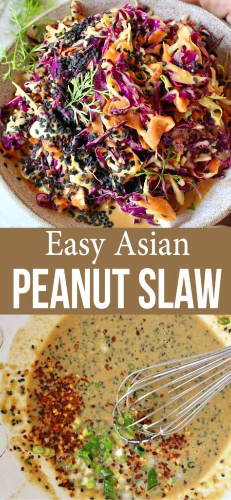 Peanut Slaw, Red Cabbage Recipes, Red Cabbage Slaw, Slaw Recipe, Asian Slaw, Peanut Dressing, Easy Asian, Slaw Recipes, Cabbage Salad