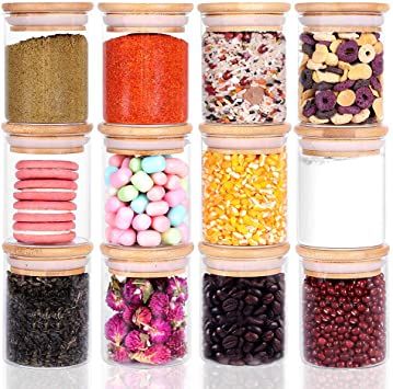 12 Piece Glass Storage Jars Set with Bamboo Lid, 6oz Glass Spice Canisters, Mini Glass Mason Jars with Airtight Lid for Kitchen Corner, Suit for Sugar, Cookies,Rice Flour and Other Dry Food Storage Tea Storage Ideas, Tea Cabinet, Storing Spices, Homemade Cookbook, Spice Jar Set, Storage And Organization Ideas, Dry Food Storage, Spooky Home, Small Glass Bottles