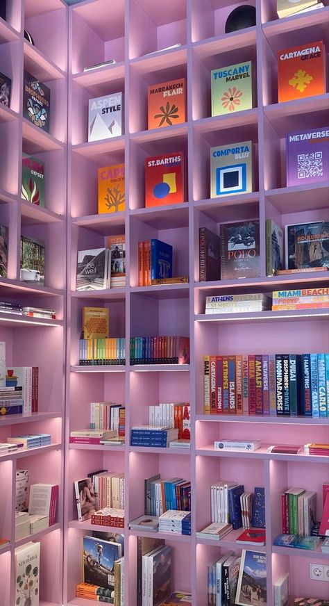 Colorful Library, Vibey Room, Rainbow Library, Build House, Healing Books, Library Aesthetic, Pink Life, Wallpaper Patterns, Home Libraries