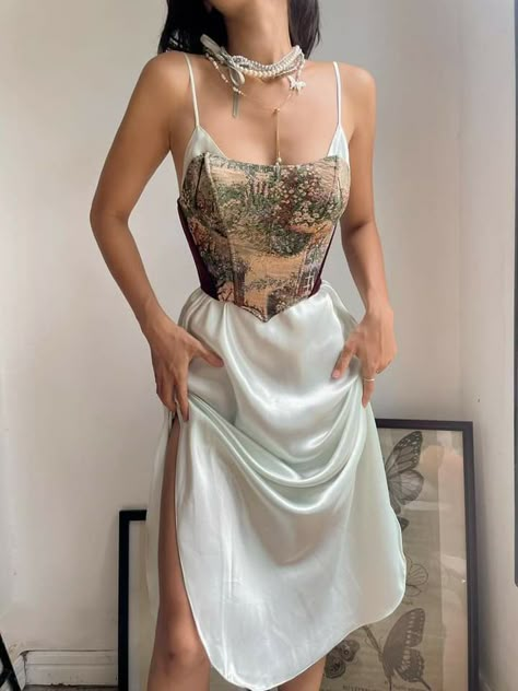 Semi Formal Corset Outfit, White Corset Outfit Skirt, Dreamy Clothes Aesthetic, Silk Outfit Aesthetic, Modern Corset Outfit, Slip Dress With Corset, Dress And Corset Outfit, Corsette Dress, Aesthetic Instagram Photos