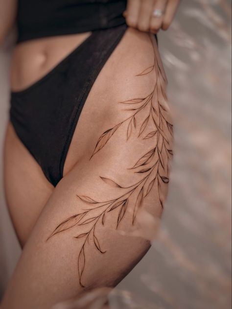 tattoo tattooideas tattoosforwomen leaves flowertattoo Leg Band Tattoo, Tattoo Leaves, Leg Band Tattoos, Upper Leg Tattoos, Side Hip Tattoos, Side Tattoos Women, Upper Thigh Tattoos, Lower Leg Tattoos, Floral Thigh Tattoos