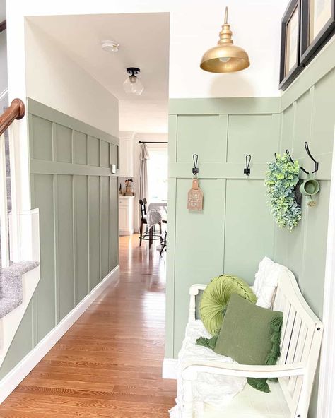 24 Versatile Examples of Green Board and Batten White On White Board And Batten, White Wall Board And Batten, Green And White Board And Batten, Sage Entryway Walls, Board And Batten Sage Green, Light Green Wainscoting, Green Batten Board, Green Wall Panelling, Entryway Board And Batten Wall