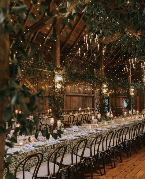 With abundant greenery and BBJ La Tavola linens to echo the garden vibes, this romantic barn wedding created an elegant and enchanted space from every possible angle⁠ ⁠ S&R⁠ Planning, Design & Florals @lanitoscanodesign⁠ Photo @courtney_elizabeth_media⁠ Rentals @onestopeventrentals @heartwoodessentials @bbjlatavola⁠ Lighting @griffingriffinlighting⁠  #barnwedding #mainewedding #weddinginspo #wedding #outdoorwedding #maine #newenglandwedding #weddinginspiration #farmwedding #greenery Princess Wedding Theme, Romantic Barn Wedding, Nordic Wedding, Olive Green Weddings, Forest Theme Wedding, Barn Wedding Reception, Dream Wedding Decorations, Barn Wedding Decorations, Woodsy Wedding