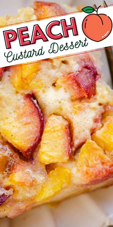 This amazingly easy and delicious Peach Custard Dessert is the perfect summer treat with simple sugar cookie crust made from a mix topped with fresh fruit and a velvet custard with a hint of cinnamon and vanilla. Peach Custard, Custard Dessert Recipes, Peach Dessert Recipes, Sugar Cookie Crust, Dump Cakes, Custard Desserts, Simple Sugar, Dessert Recipies, Peach Desserts