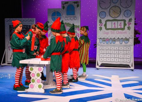 Elf Jr The Musical, Musical Set Design, Elf The Musical, Dog Christmas Pictures, Santa's Workshop, School Play, Scenic Design, Dog Christmas, Christmas Pictures