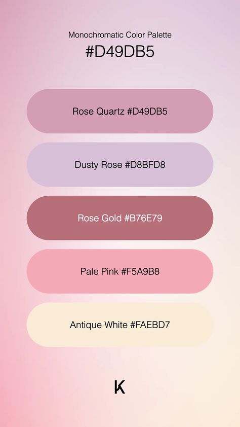 Monochromatic Color Palette Rose Quartz #D49DB5 · Dusty Rose #D8BFD8 · Rose Gold #B76E79 · Pale Pink #F5A9B8 · Antique White #FAEBD7 Rose Gold Palette Colour Schemes, Pink And Silver Color Palette, Dusty Pink Palette, Monochromatic Pink Color Palette, Rose Quartz Color Palette, Angelcore Color Palette, Ballet Pink Color Palette, Gold Color Hex, Neutral Pink Color Palette Hex Codes