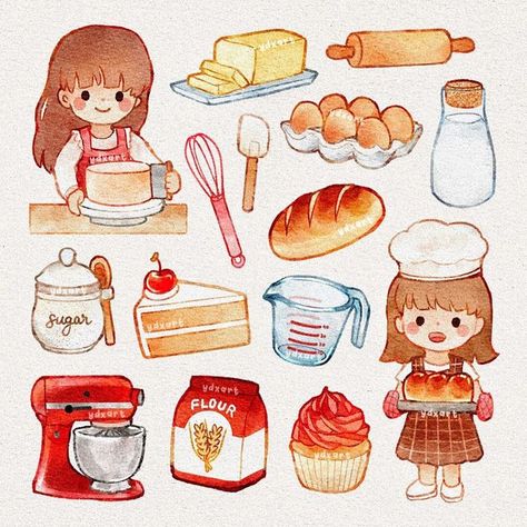 Kitchen Items Illustration, Baking Ingredients Drawing, Eating Sticker, Baking Illustration, Baking Drawing, Baking Stickers, Dessert Drawing, Desserts Drawing, Dessert Illustration