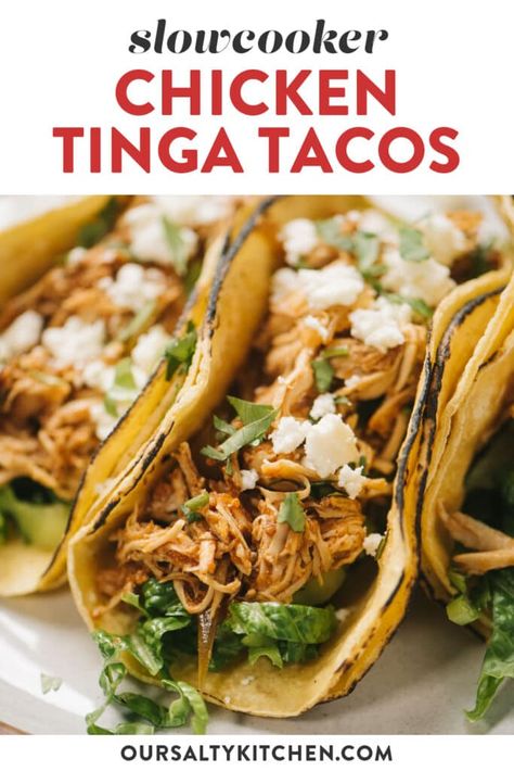 Healthy Taco Bowl, Slow Cooker Chicken Tinga, How To Warm Tortillas, Chicken Tinga Tacos, Shredded Chicken Recipe, Tinga Tacos, Healthy Taco, Chicken Tinga, Mexican Shredded Chicken