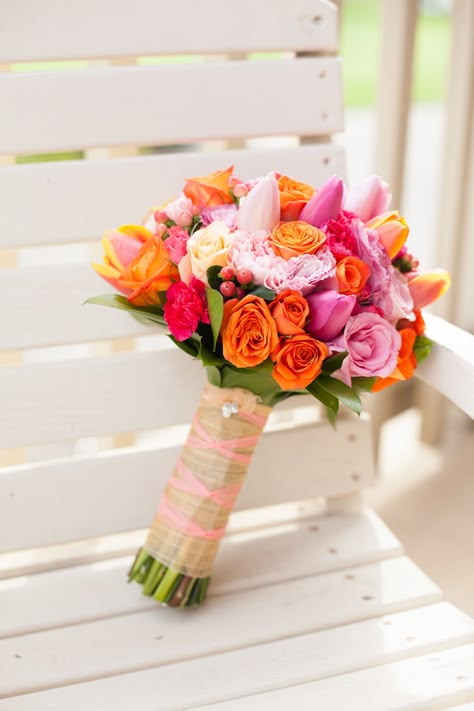 Orange, Pink and Coral Bridal Bouquet Tulip Bridesmaid Bouquet, Coral Bridal Bouquet, Tulip Wedding Bouquet, Tiptoe Through The Tulips, Bridal Bouquet Coral, Small Wedding Decor, Orange And Pink Wedding, Prom Bouquet, Wedding Bouquet Ideas