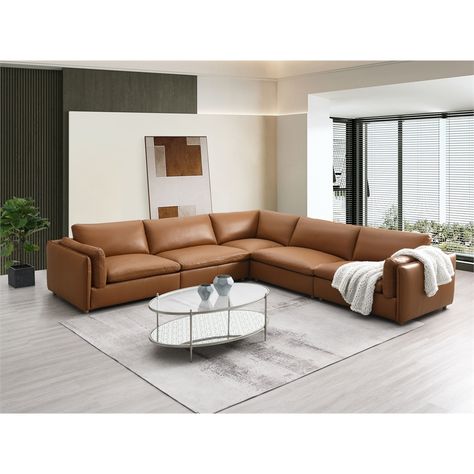 ACME Brighton Contemporary Top Grain Leather Upholstered Sectional Sofa in Tan - Walmart.com Brown Sectional Sofa, Nailhead Trim Sofa, Tan Leather Sofa, Top Grain Leather Sectional, Brown Ottoman, Brown Sectional, Sofa Lounge, Leather Sectional Sofa, Leather Product