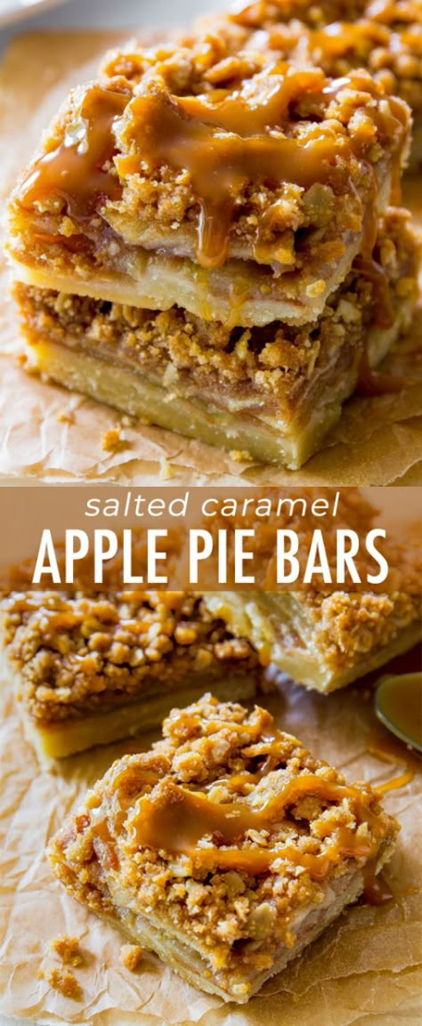 These Salted Caramel Apple Pie Bars are mind-blowing delicious! So much easier to make than an entire apple pie, too. Recipe by sallysbakingaddiction.com Caramel Apple Pie Bars, Thanksgiving Desserts Pie, Salted Caramel Apple Pie, Apple Pie Bars, Thanksgiving Desserts Easy, Apple Recipes Easy, Sally's Baking, Caramel Apple Pie, Dessert Oreo