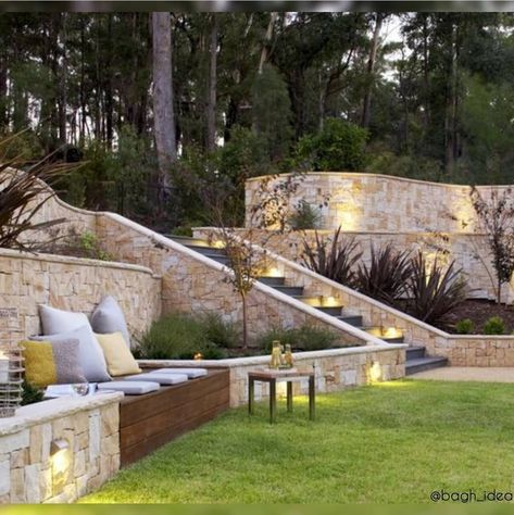 Backyard Hill Landscaping, Sloped Backyard Landscaping, Sloped Yard, Sloped Backyard, Landscaping Retaining Walls, Tiered Garden, Hillside Landscaping, Sloped Garden, Timber Deck