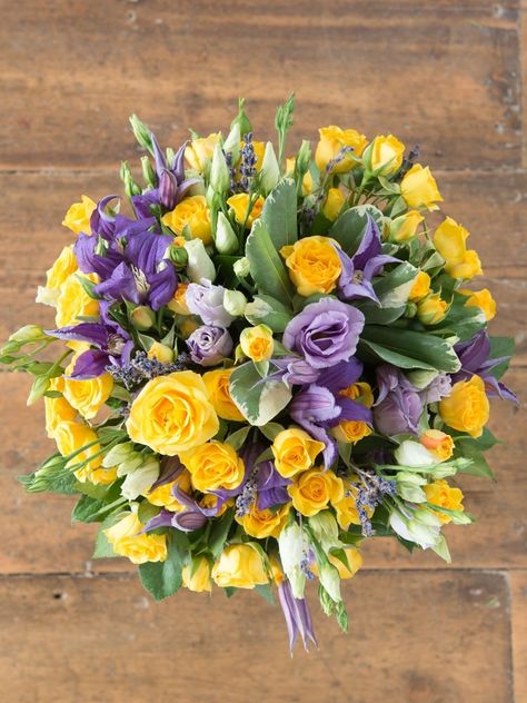 The harmonious combination of yellow spray roses and lavender lisianthus are perfect for mothers day gift from Flowers Direct (£35 inc postage) Yellow And Lavender Flowers, Purple Yellow Wedding Flowers, Purple And Yellow Bouquet, Purple And Yellow Roses, Yellow Roses And Lavender Bouquet, Yellow And Purple Flower Arrangements, Purple Yellow And White Bouquet, Purple And Yellow Floral Arrangement, Wedding Flowers Roses