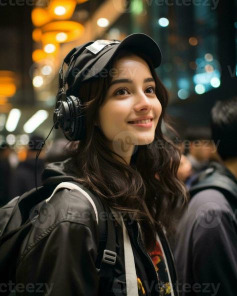 a woman wearing headphones and a baseball cap generative ai Women In Caps Outfit, Person With Headphones Reference, Women With Headphones, Holding Headphones Pose, Wearing Headphones Aesthetic, Headphones Photoshoot, Girl Wearing Cap, Woman Wearing Headphones, Caps Outfit