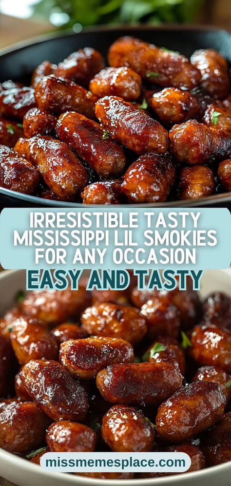 Make any occasion special with Tasty Mississippi Lil Smokies! This delicious recipe features smoky cocktail sausages simmered in a mouthwatering blend of BBQ sauce and grape jelly, creating a sweet and savory flavor explosion. Whether you're hosting a Super Bowl party, a holiday gathering, or a casual BBQ, these party sausages are the perfect addition to your spread. Serve them warm with toothpicks for easy snacking, and watch your guests come back for seconds! Quick And Easy Dishes For Party, How To Make Lil Smokies, Smoky Sausage Recipes, Appetizers With Little Smokies, Party Meat Appetizers, Smokey Sausage Recipes, Cocktail Sausage Recipes Appetizers, Sweet And Sour Hot Dogs, Baby Sausage Recipes