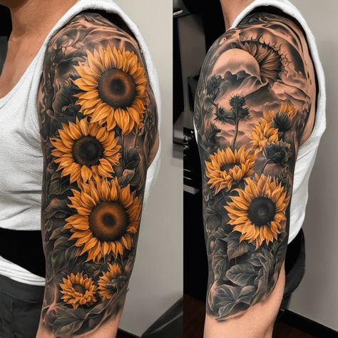 Tatoos Woman Sunflower, Sleeve Sunflower Tattoos For Women, Sunflower And Clouds Tattoo, Sunflower Tattoo Shoulder Blade, Feminine Full Back Tattoos, Sunflower Field Tattoo, Sunflower Sleeve Tattoos For Women, Sunflower Half Sleeve Tattoo, Red Sunflower Tattoo