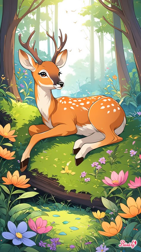 Nature And Wildlife Drawings, Bambi Drawings, Pastel Colour Drawing, Paintings For Kids, Deer Cartoon, India Poster, Forest Drawing, Colour Drawing, Buddha Art Drawing