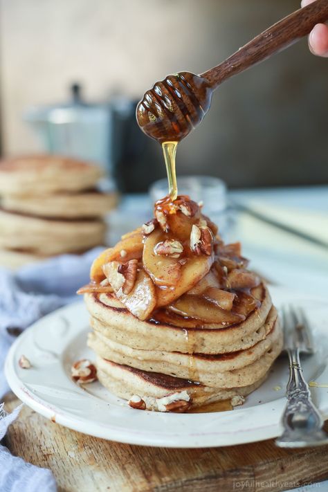 Fluffy Whole Wheat Pancakes made with a few secret ingredients, top with a Cinnamon Apple Compote that's made with honey instead of brown sugar for the grand finale! | joyfulhealthyeats.com Pancake Photography, Pancakes With Cinnamon, Apple Pancake Recipe, Apples Recipes, Apple Compote, Whole Wheat Pancakes, Wheat Pancakes, Healthy Pancake Recipes, Cinnamon Pancakes